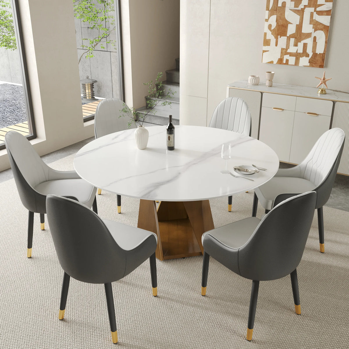Mesa de comedor Marbella de piedra sinterizada | Redonda de 150 cm (59"), blanca brillante, con base metálica.