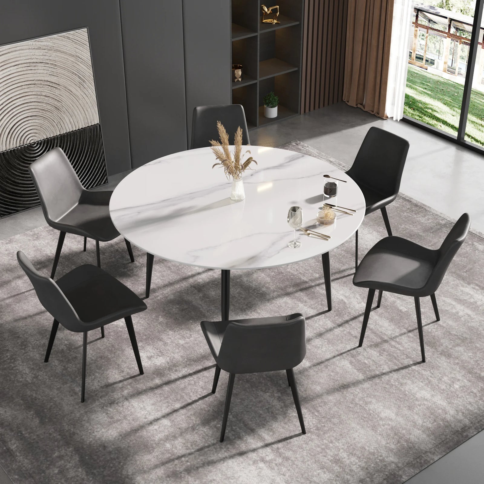 Mesa de comedor Marbella de piedra sinterizada | Redonda de 150 cm (59"), blanca brillante, con base metálica.