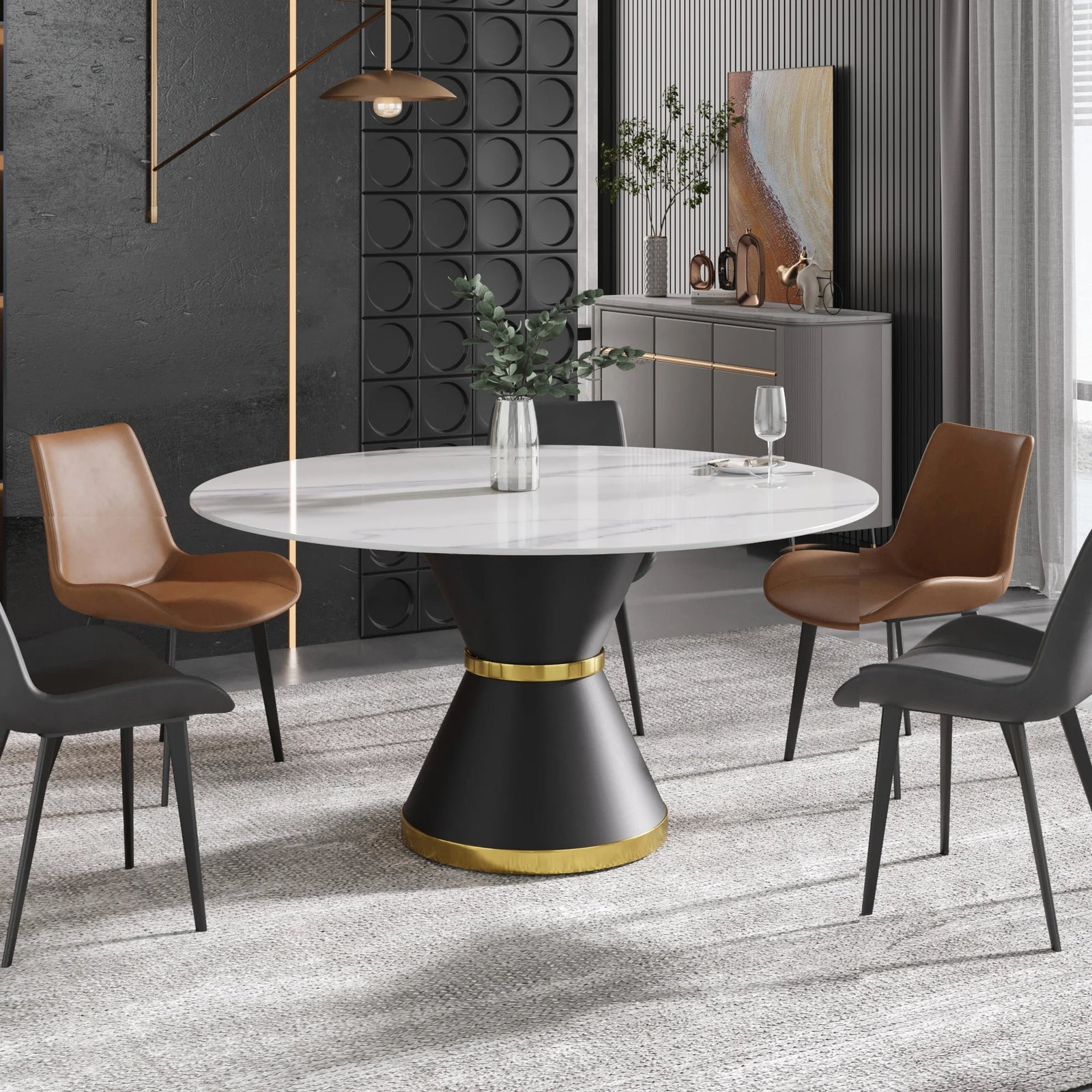Mesa de comedor Marbella de piedra sinterizada | Redonda de 150 cm (59"), blanca brillante, con base metálica.