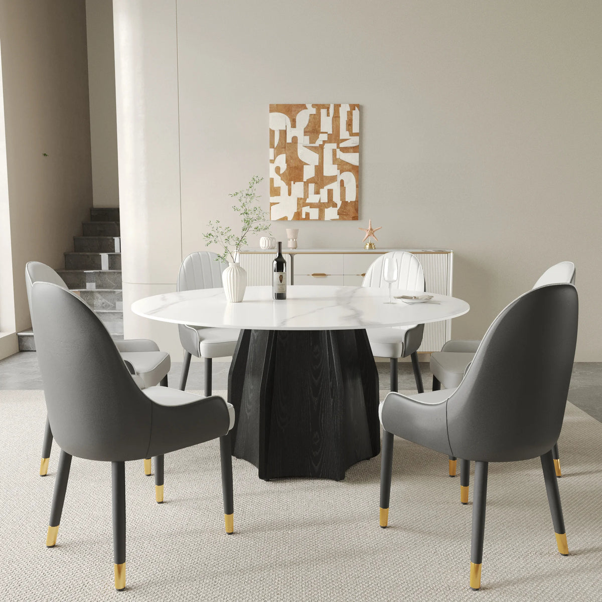 Marbella Sintered Stone Dining Table | 59" White Gloss Round With Metal Base