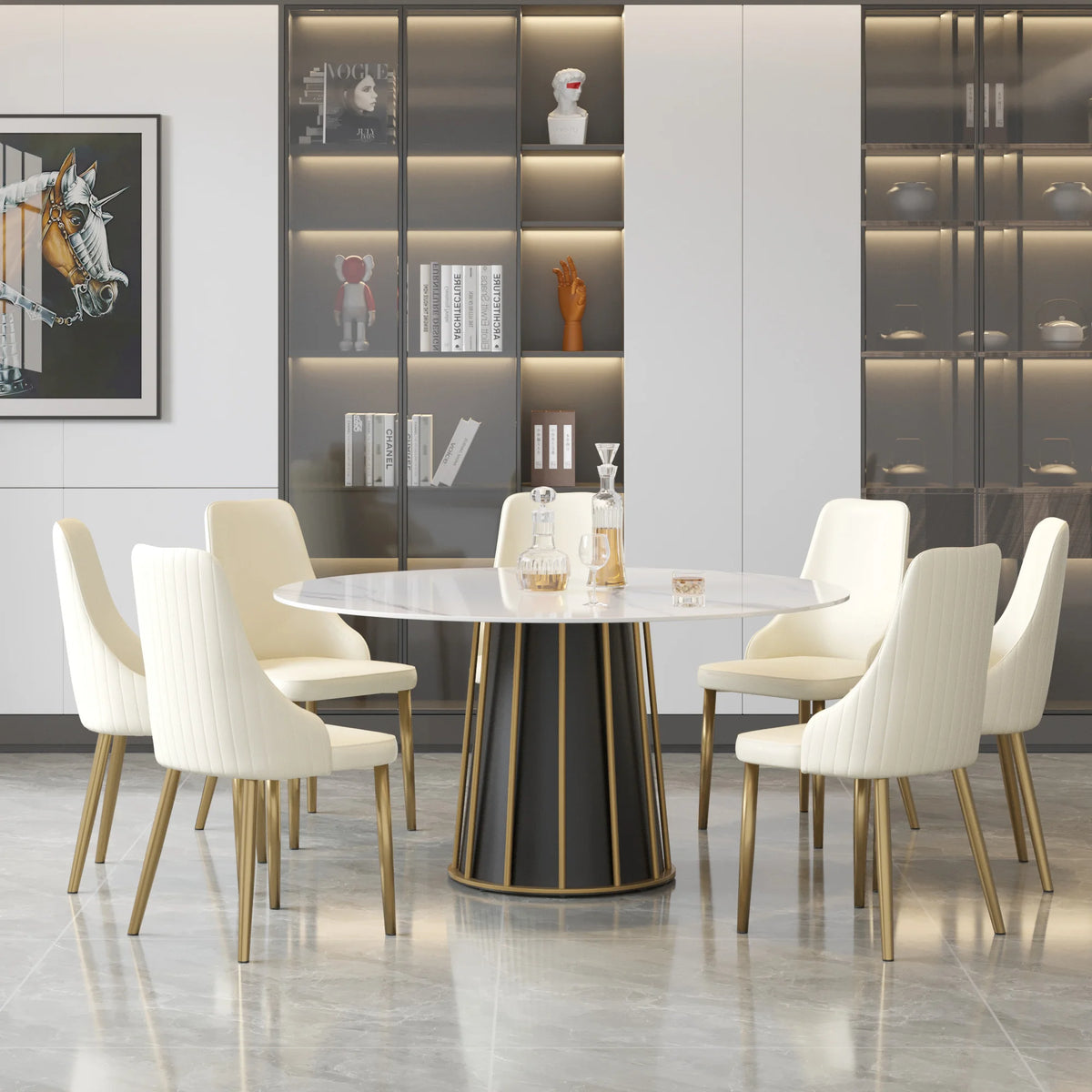 Marbella Sintered Stone Dining Table | 59" White Gloss Round With Metal Base