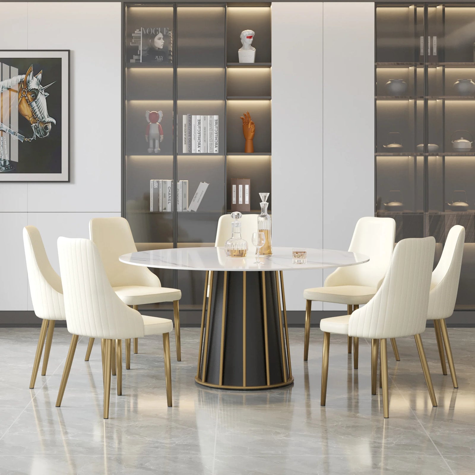 Mesa de comedor Marbella de piedra sinterizada | Redonda de 150 cm (59"), blanca brillante, con base metálica.