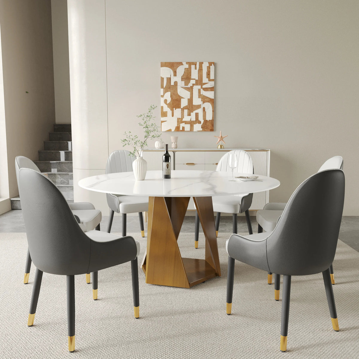 Mesa de comedor Marbella de piedra sinterizada | Redonda de 150 cm (59"), blanca brillante, con base metálica.