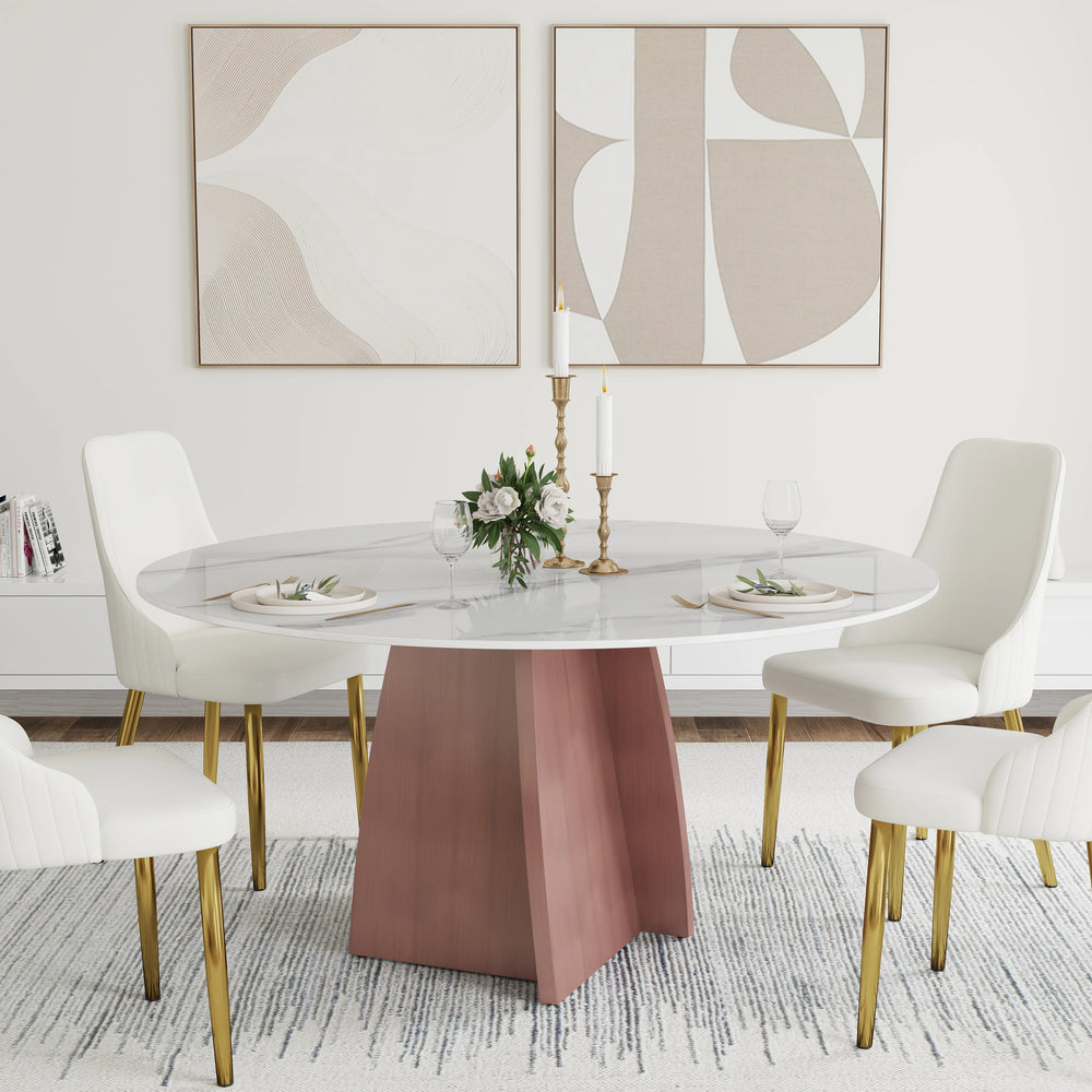 Marbella Sintered Stone Dining Table | 59" White Gloss Round With Metal Base