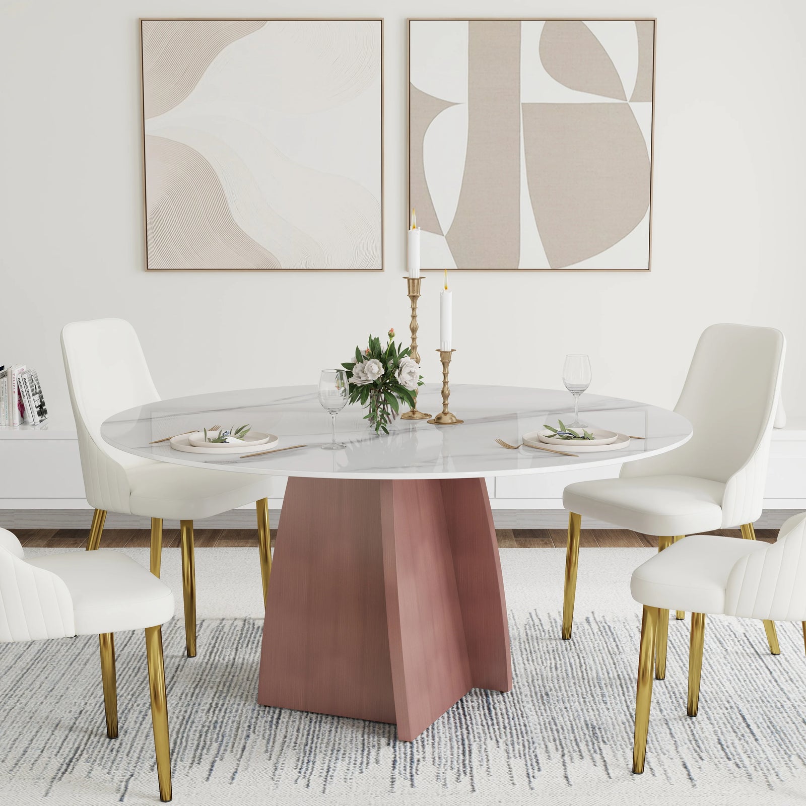 Mesa de comedor Marbella de piedra sinterizada | Redonda de 150 cm (59"), blanca brillante, con base metálica.