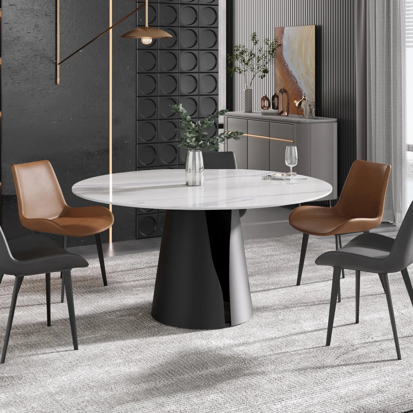 Marbella Sintered Stone Dining Table | 59" White Gloss Round With Metal Base