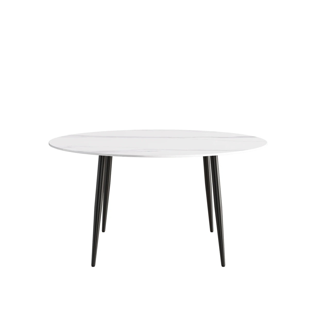 Mesa de comedor Marbella de piedra sinterizada | Redonda de 150 cm (59"), blanca brillante, con base metálica.