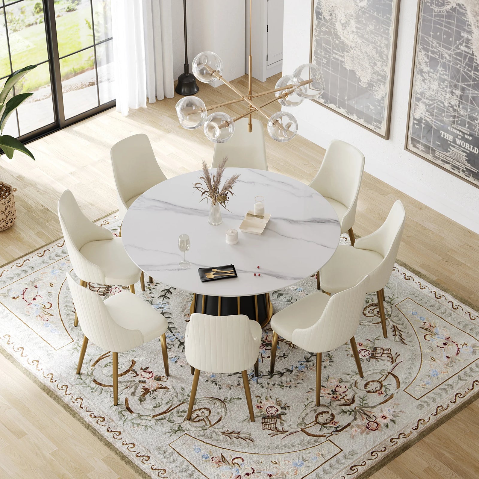 Mesa de comedor Marbella de piedra sinterizada | Redonda de 150 cm (59"), blanca brillante, con base metálica.