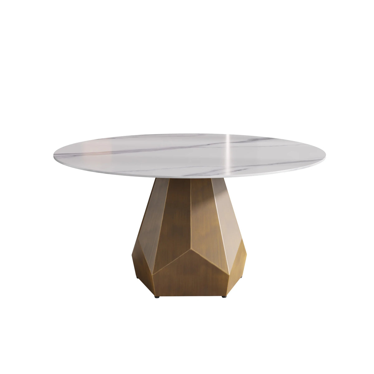 Mesa de comedor Marbella de piedra sinterizada | Redonda de 150 cm (59"), blanca brillante, con base metálica.
