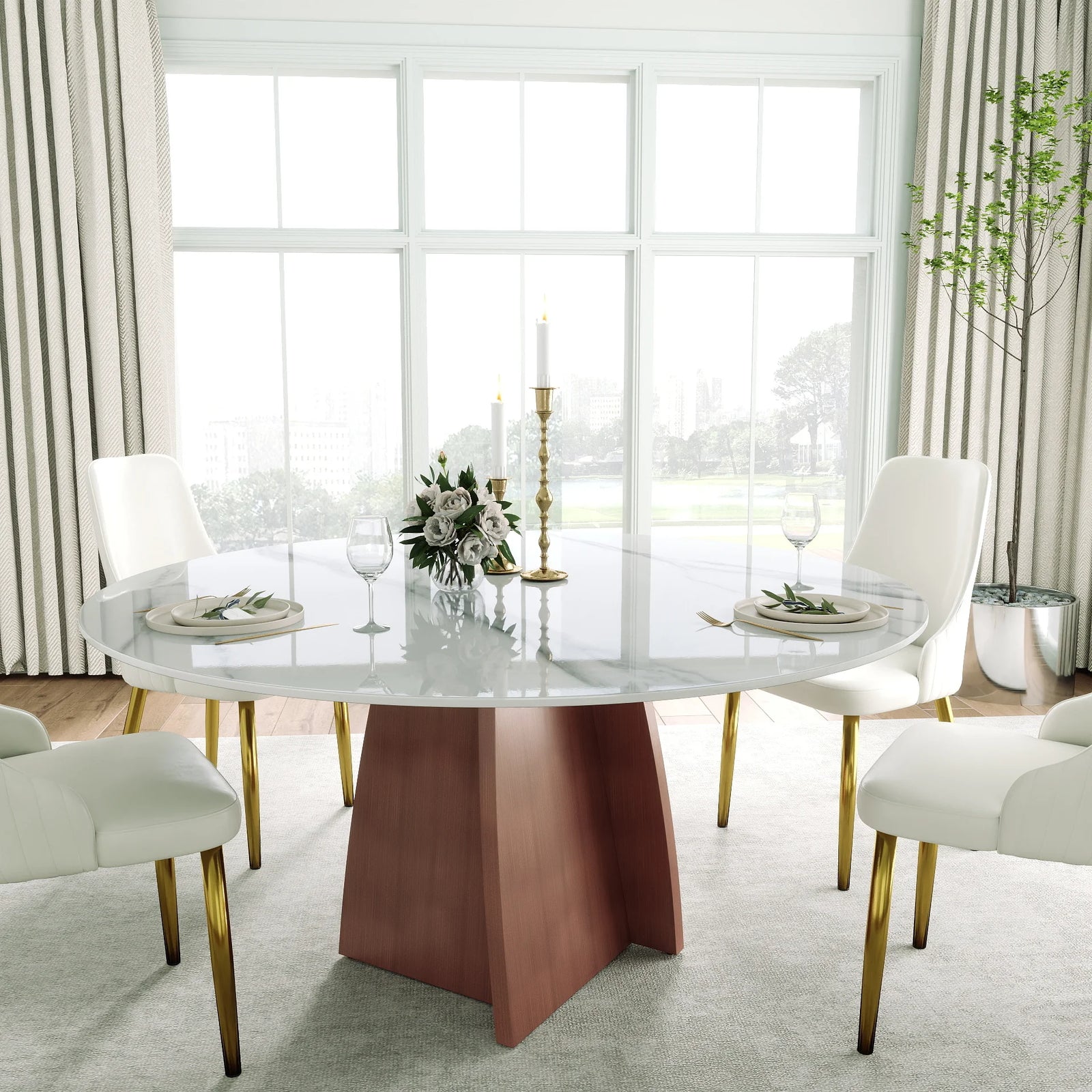 Mesa de comedor Marbella de piedra sinterizada | Redonda de 150 cm (59"), blanca brillante, con base metálica.