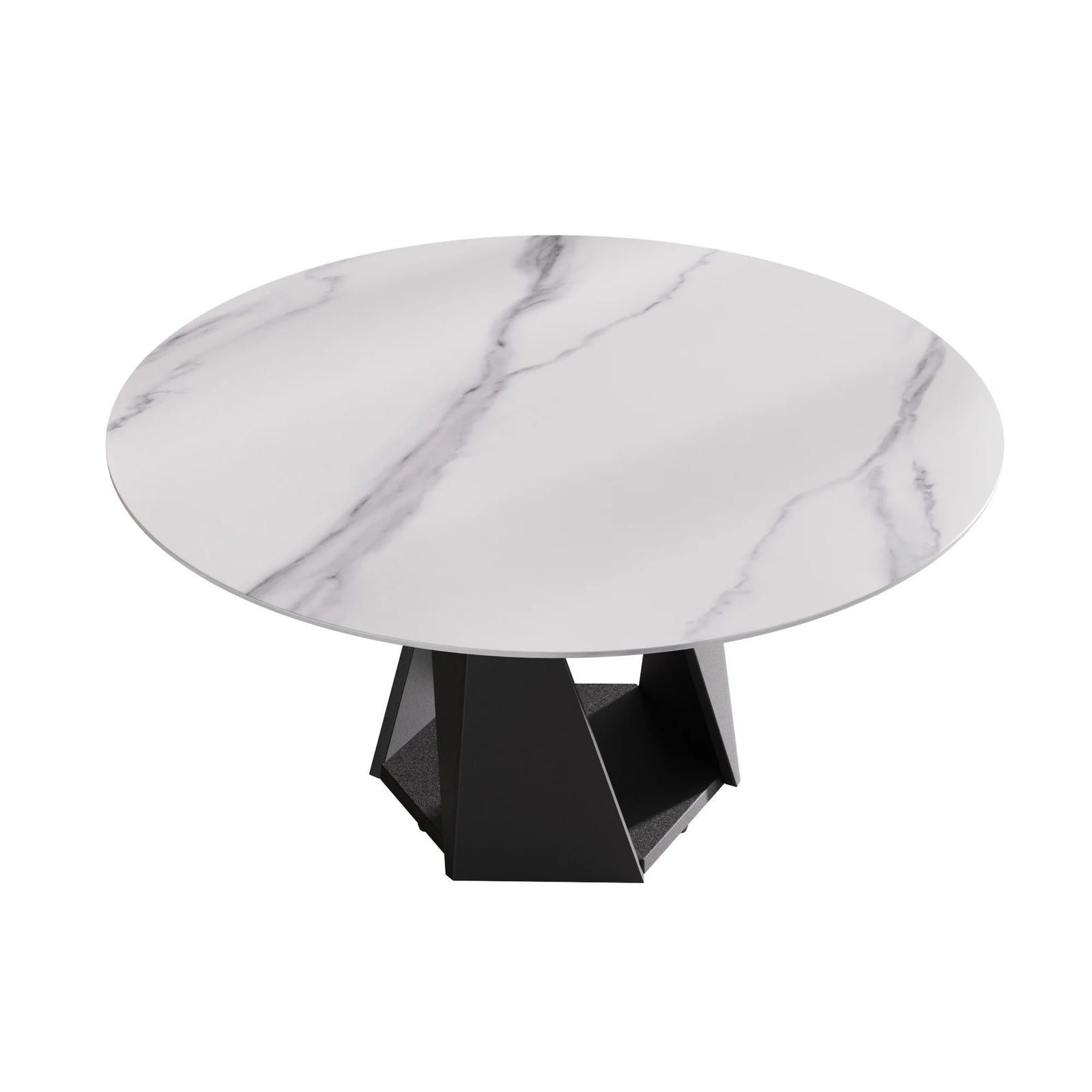Mesa de comedor Marbella de piedra sinterizada | Redonda de 150 cm (59"), blanca brillante, con base metálica.