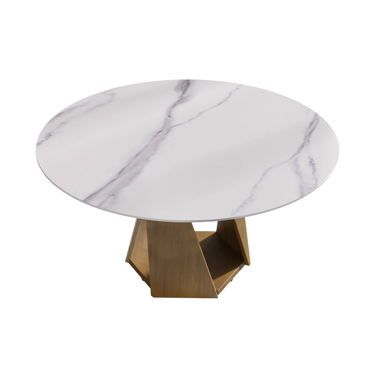 Mesa de comedor Marbella de piedra sinterizada | Redonda de 150 cm (59"), blanca brillante, con base metálica.