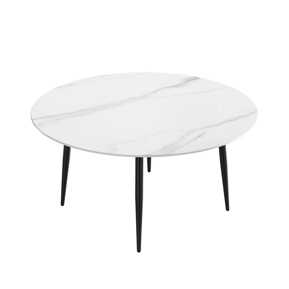 Mesa de comedor Marbella de piedra sinterizada | Redonda de 150 cm (59"), blanca brillante, con base metálica.