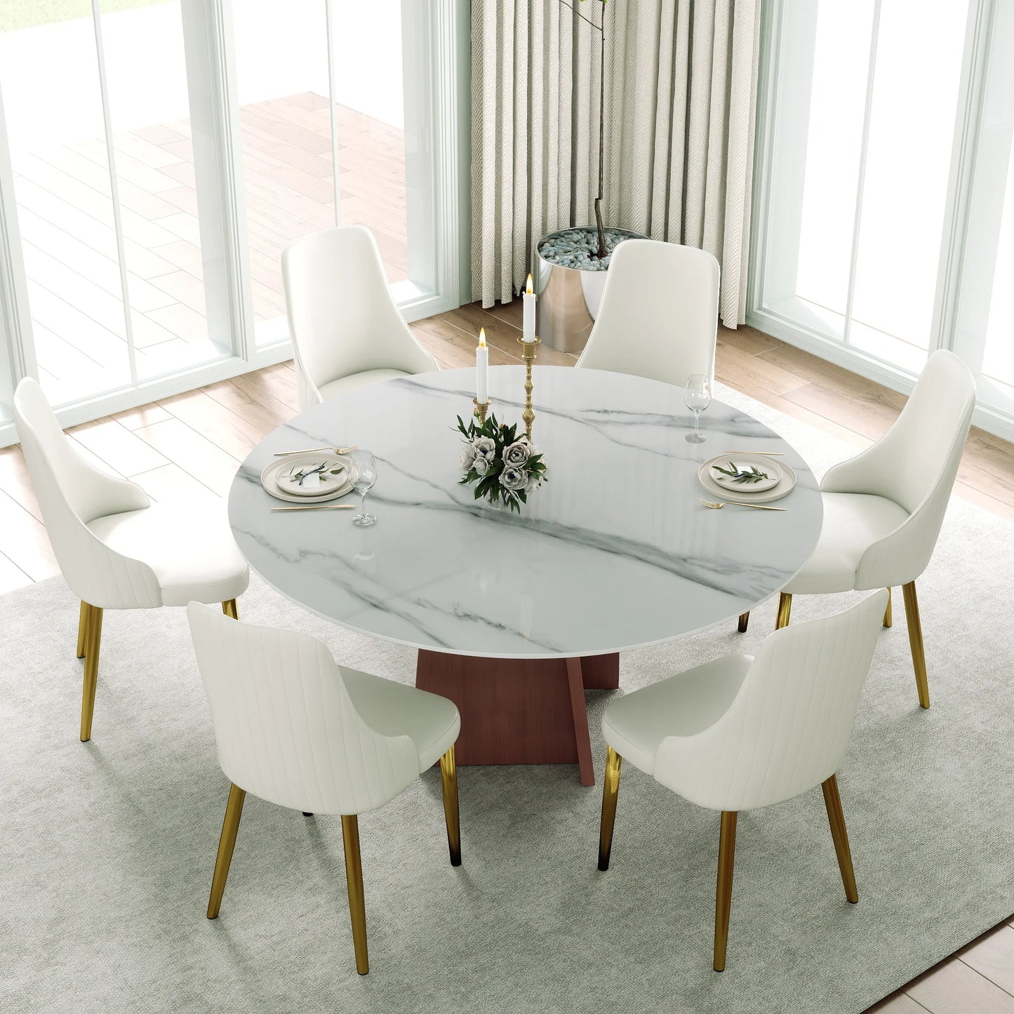 Marbella Sintered Stone Dining Table | 59" White Gloss Round With Metal Base
