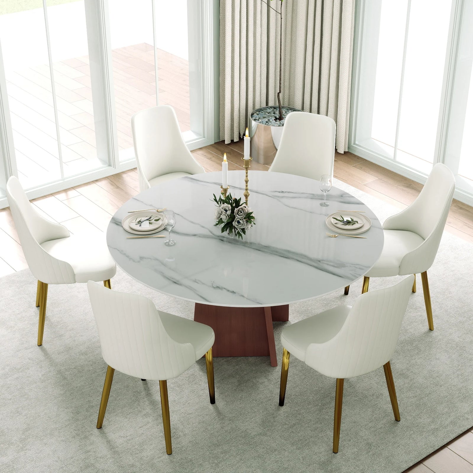 Mesa de comedor Marbella de piedra sinterizada | Redonda de 150 cm (59"), blanca brillante, con base metálica.