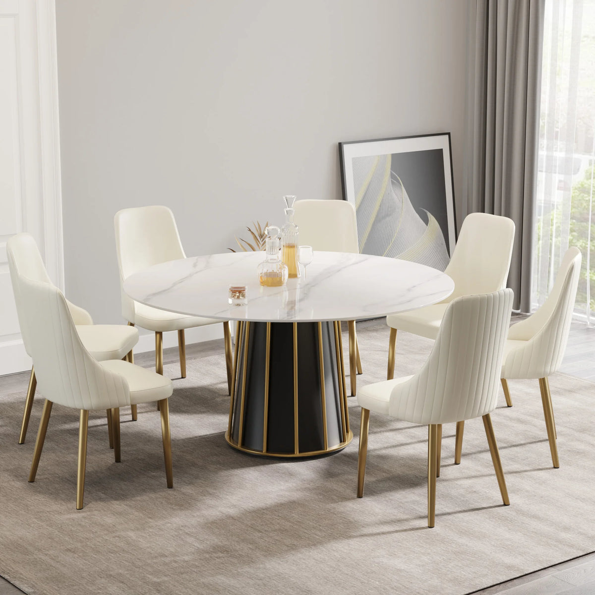 Mesa de comedor Marbella de piedra sinterizada | Redonda de 150 cm (59"), blanca brillante, con base metálica.