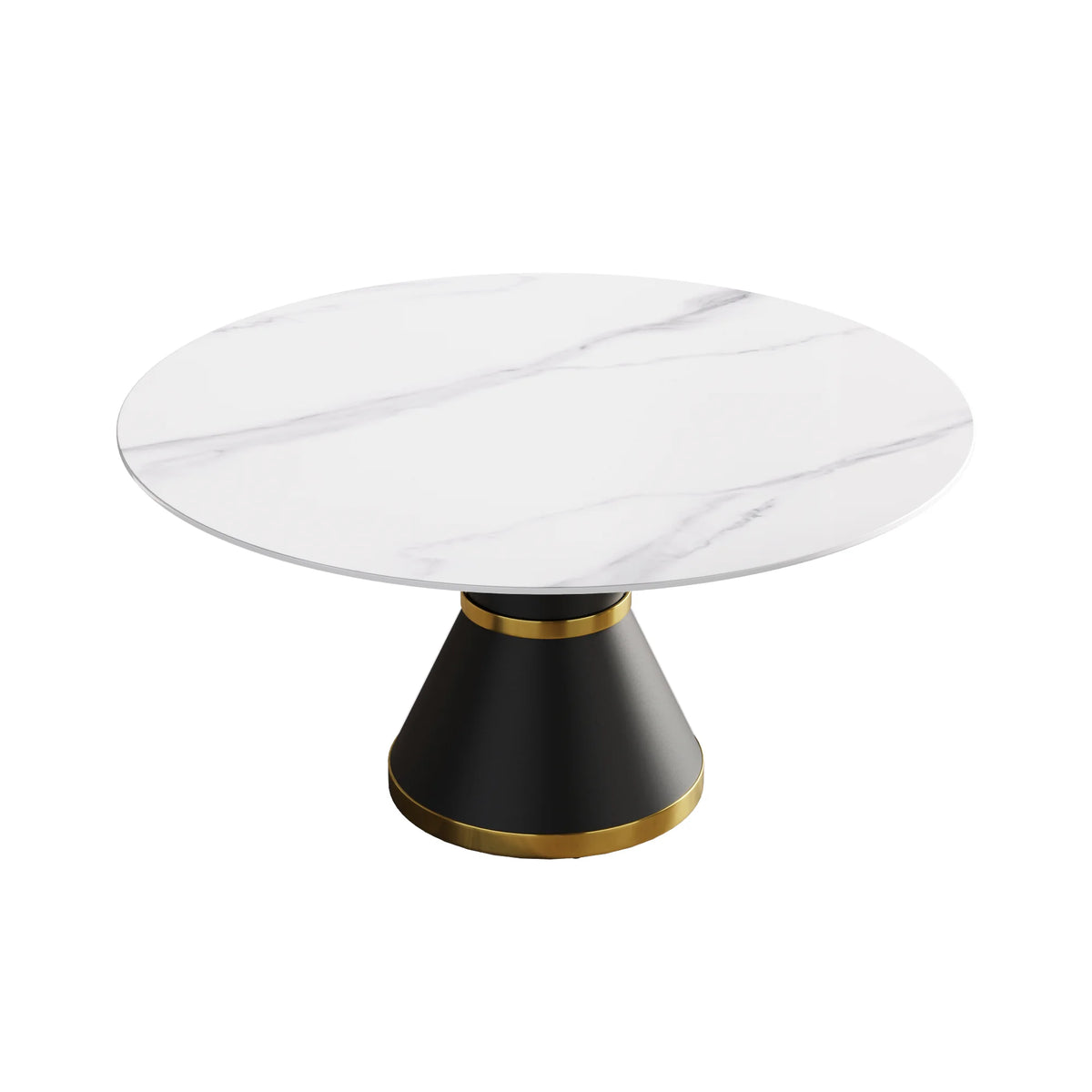 Mesa de comedor Marbella de piedra sinterizada | Redonda de 150 cm (59"), blanca brillante, con base metálica.