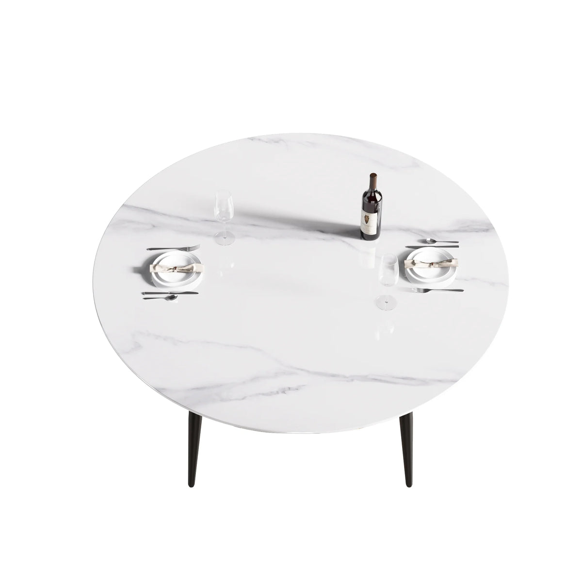 Mesa de comedor Marbella de piedra sinterizada | Redonda de 150 cm (59"), blanca brillante, con base metálica.
