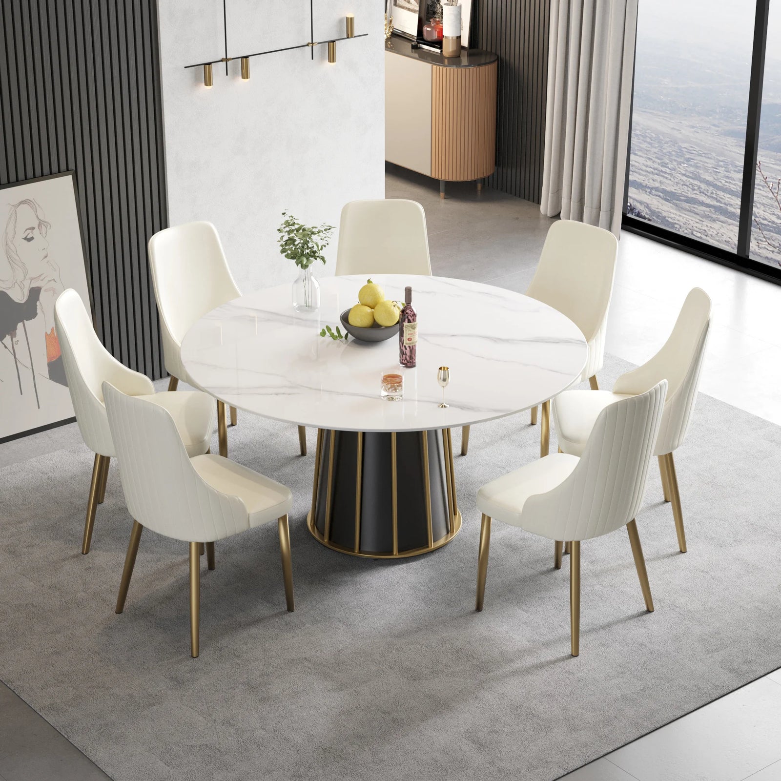 Mesa de comedor Marbella de piedra sinterizada | Redonda de 150 cm (59"), blanca brillante, con base metálica.