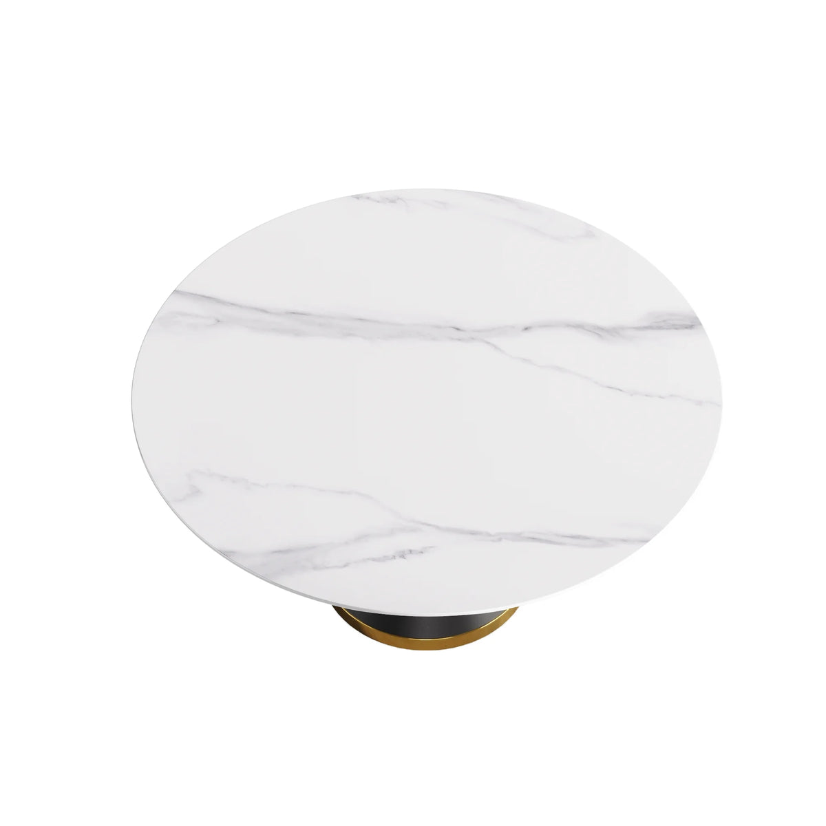 Mesa de comedor Marbella de piedra sinterizada | Redonda de 150 cm (59"), blanca brillante, con base metálica.