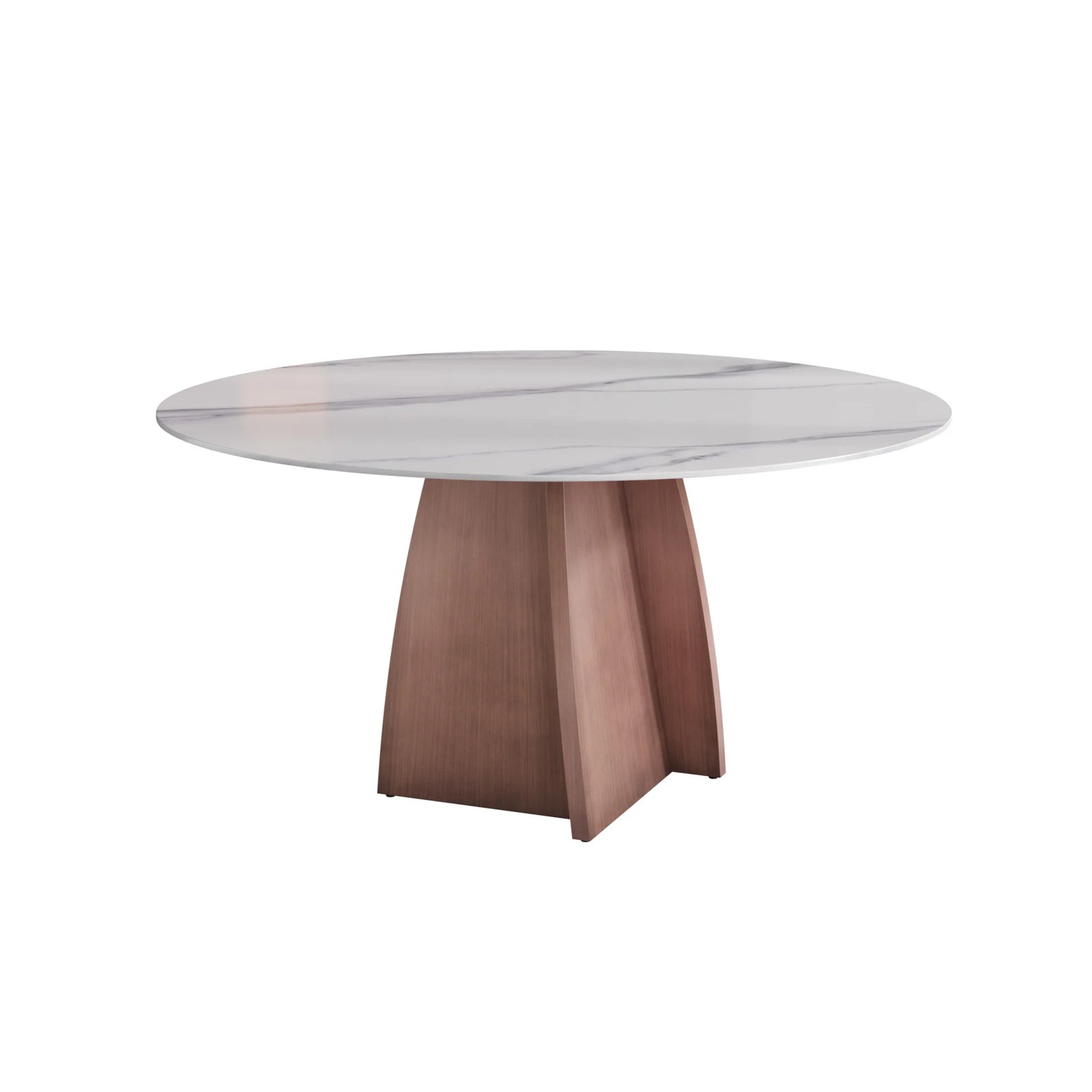 Mesa de comedor Marbella de piedra sinterizada | Redonda de 150 cm (59"), blanca brillante, con base metálica.