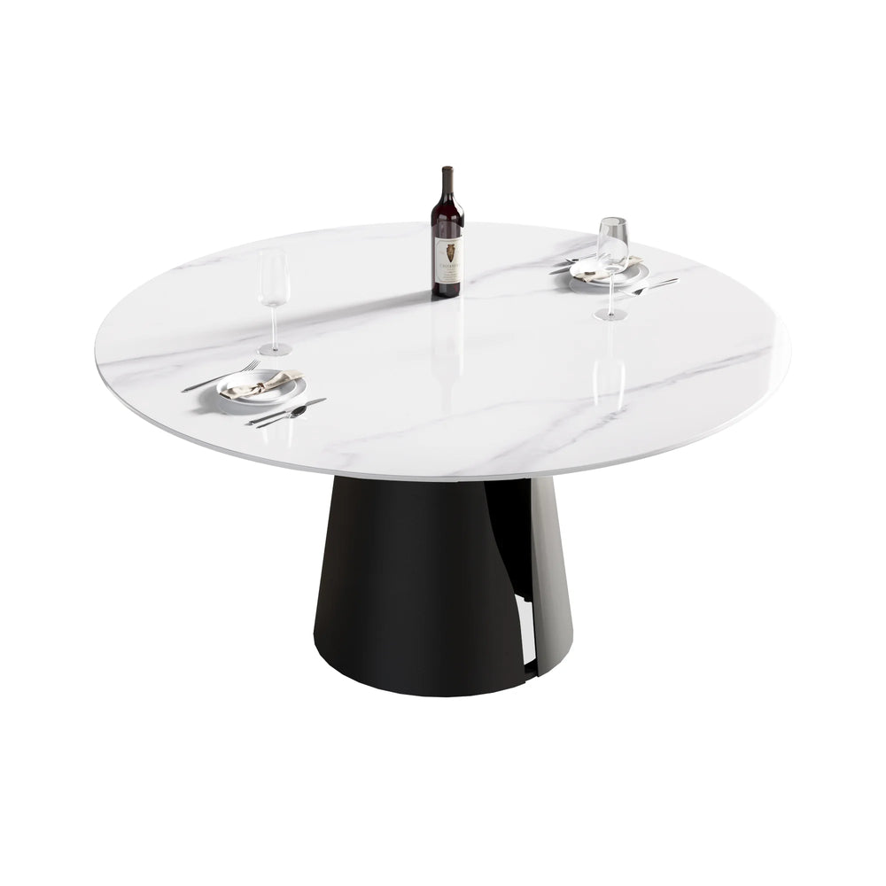 Marbella Sintered Stone Dining Table | 59" White Gloss Round With Metal Base