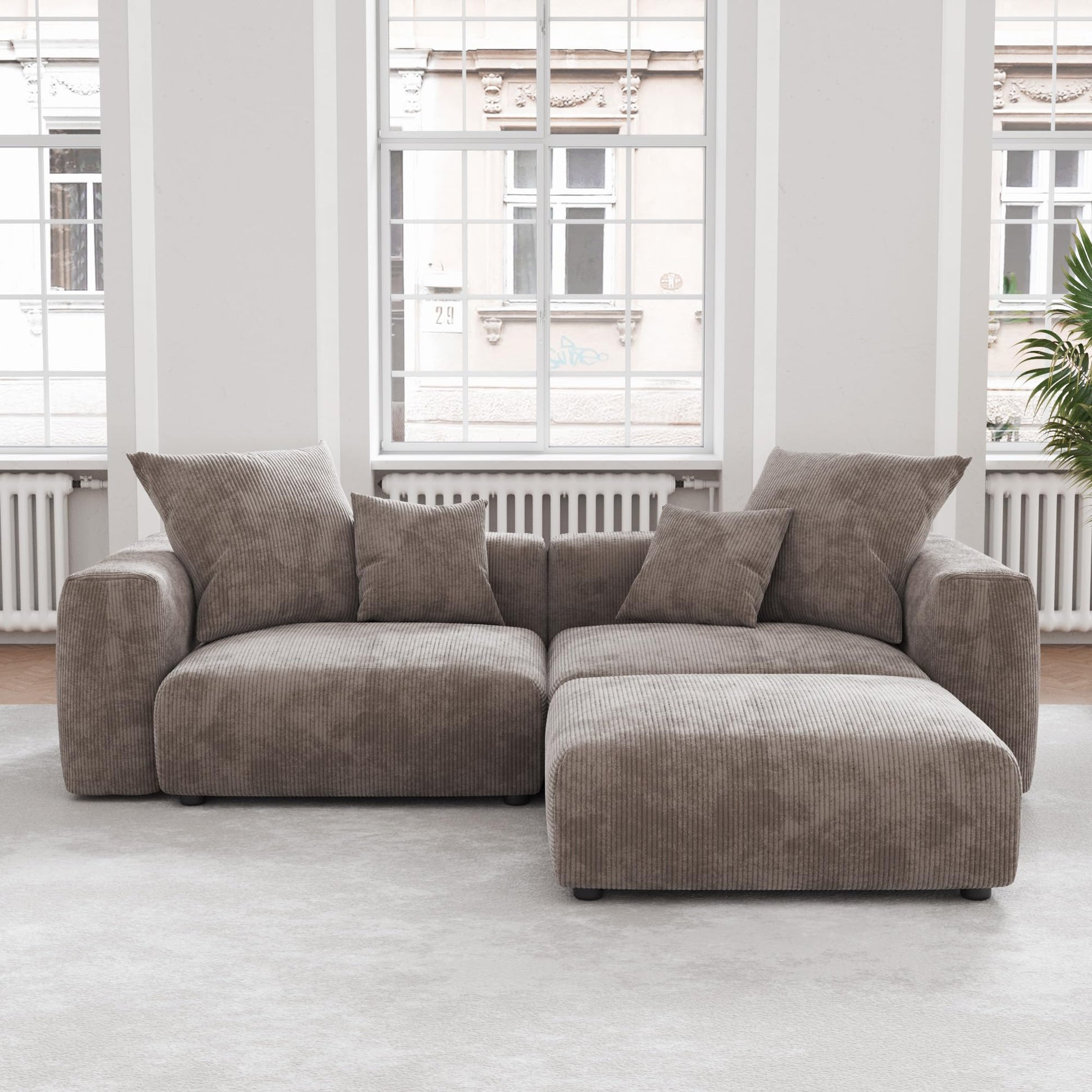 Modular Sectional Couch Sofa with 4 Pillows, 102" L Shaped Sofa Couch with Chaise Ottomans,Corduroy Fabric Couches (Beige)