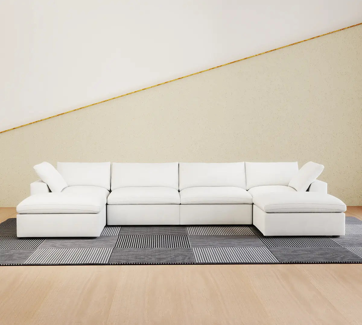 Sofás seccionales Deluxe Premium Cloud | Seccionales en forma de U de algodón y lino blanco de 6 piezas, otomana con almacenaje de 4 plazas y 160