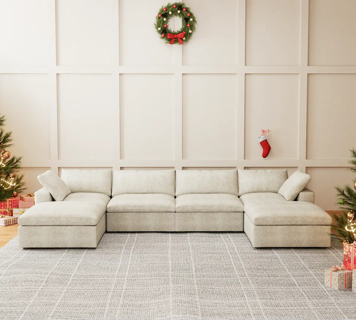 Deluxe Premium Cloud Sectional Sofas | 6-Piece Cotton and Linen White U-shaped Sectionals 160