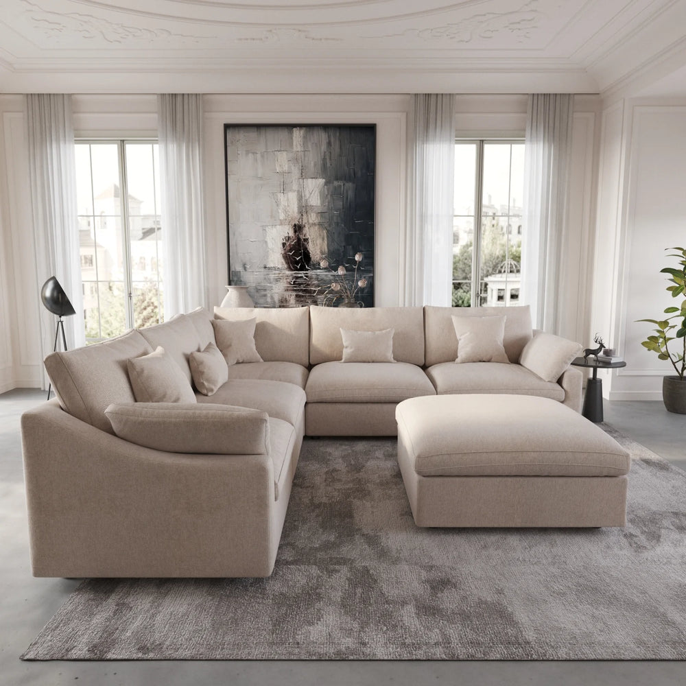 Deluxe Slope Cloud Sectional Sofas | 6-Piece Linen Khaki Sofa Sets 5-Seater With 1 Ottoman