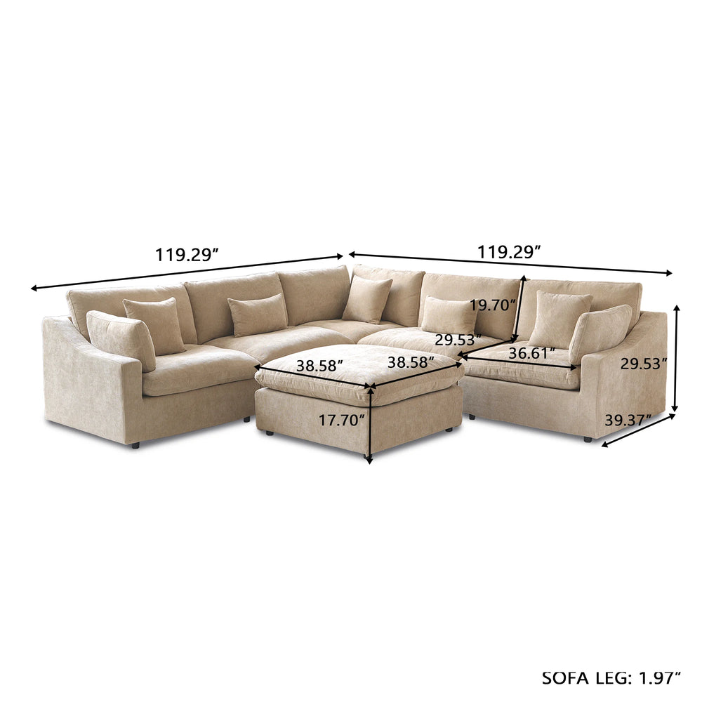 Deluxe Slope Cloud Sectional Sofas | 6-Piece Linen Khaki Sofa Sets 5-Seater With 1 Ottoman