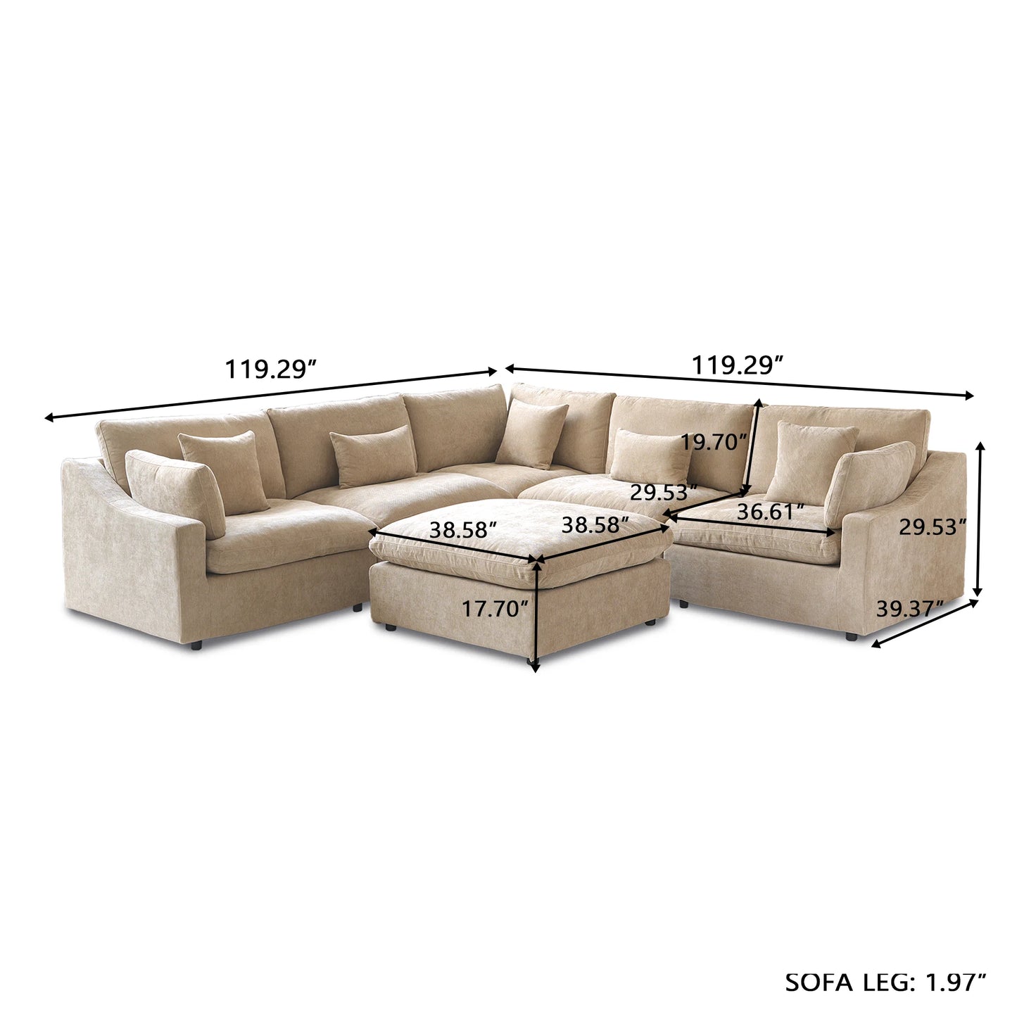 Deluxe Slope Cloud Sectional Sofas | 6-Piece Linen Khaki Sofa Sets 5-Seater With 1 Ottoman