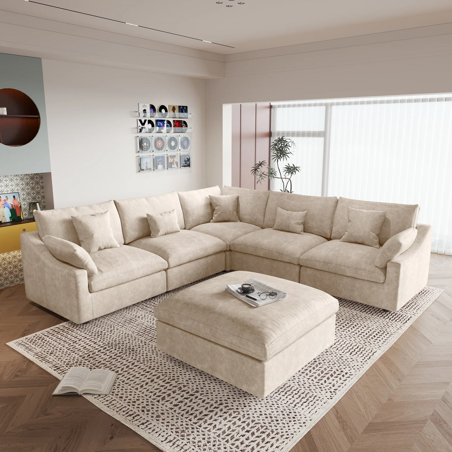 Deluxe Slope Cloud Sectional Sofas | 6-Piece Linen Khaki Sofa Sets 5-Seater With 1 Ottoman