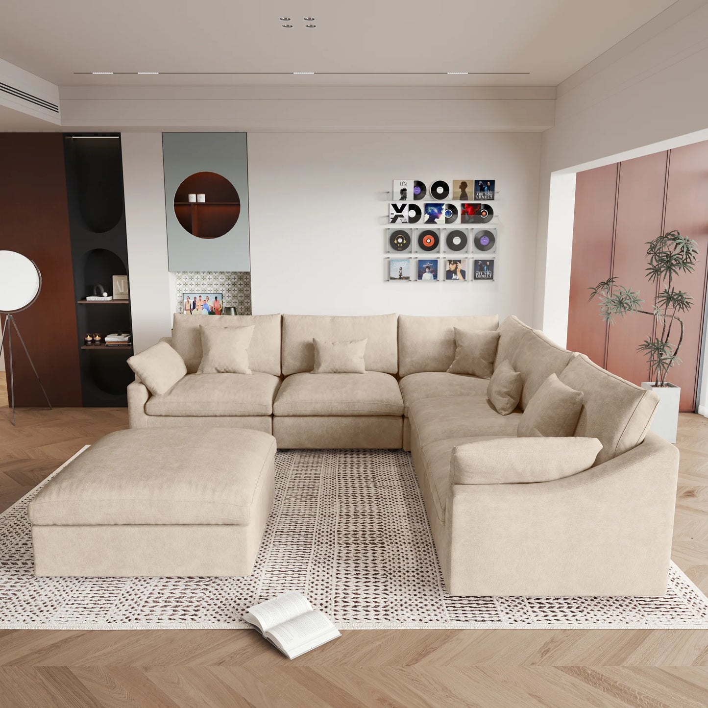 Deluxe Slope Cloud Sectional Sofas | 6-Piece Linen Khaki Sofa Sets 5-Seater With 1 Ottoman