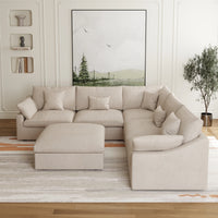 Deluxe Slope Cloud Sectional Sofas | 6-Piece Linen Khaki Sofa Sets 5-Seater With 1 Ottoman