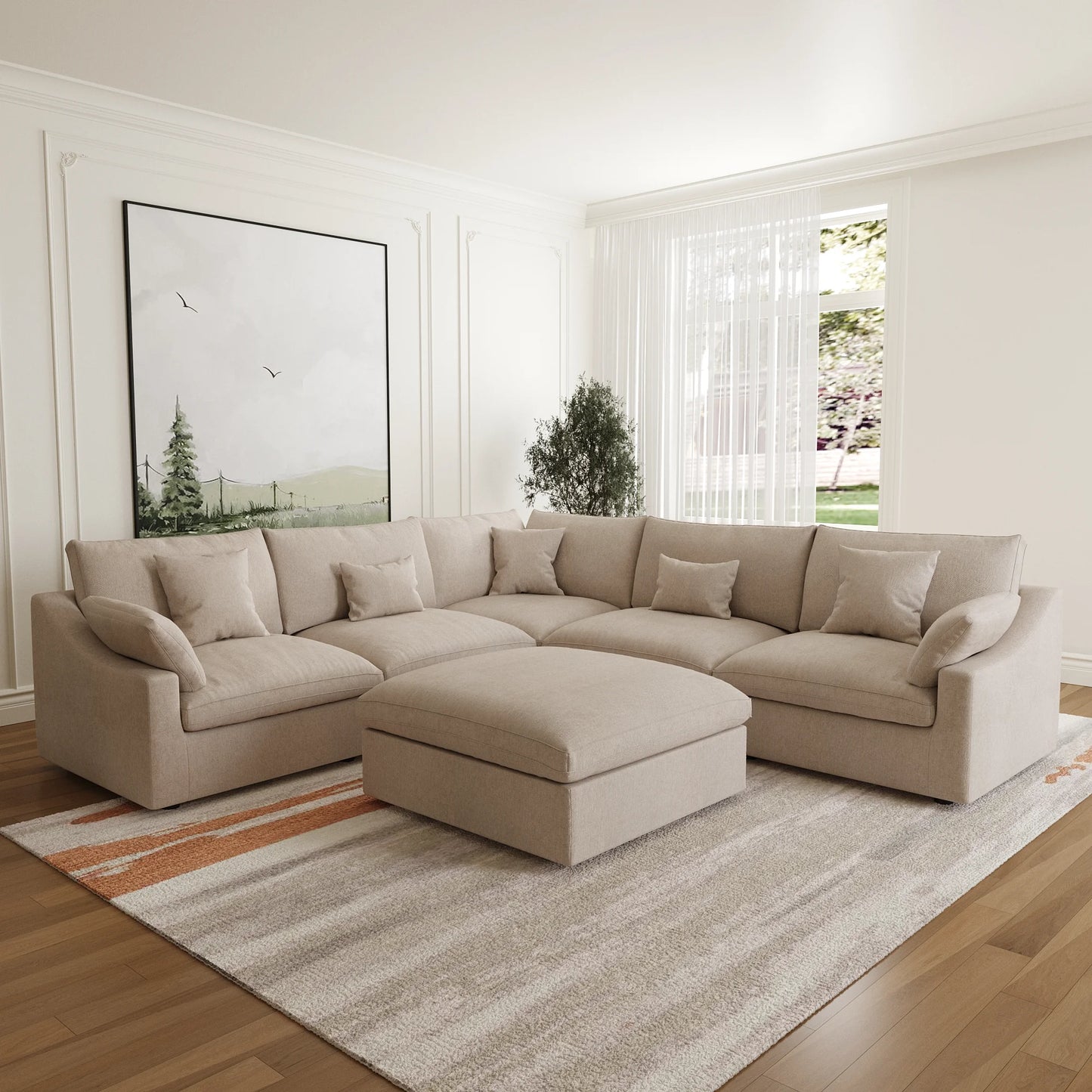 Deluxe Slope Cloud Sectional Sofas | 6-Piece Linen Khaki Sofa Sets 5-Seater With 1 Ottoman