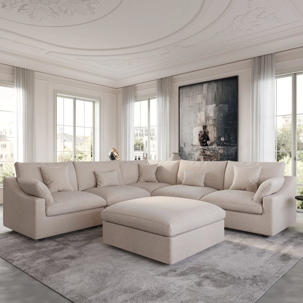 Deluxe Slope Cloud Sectional Sofas | 6-Piece Linen Khaki Sofa Sets 5-Seater With 1 Ottoman