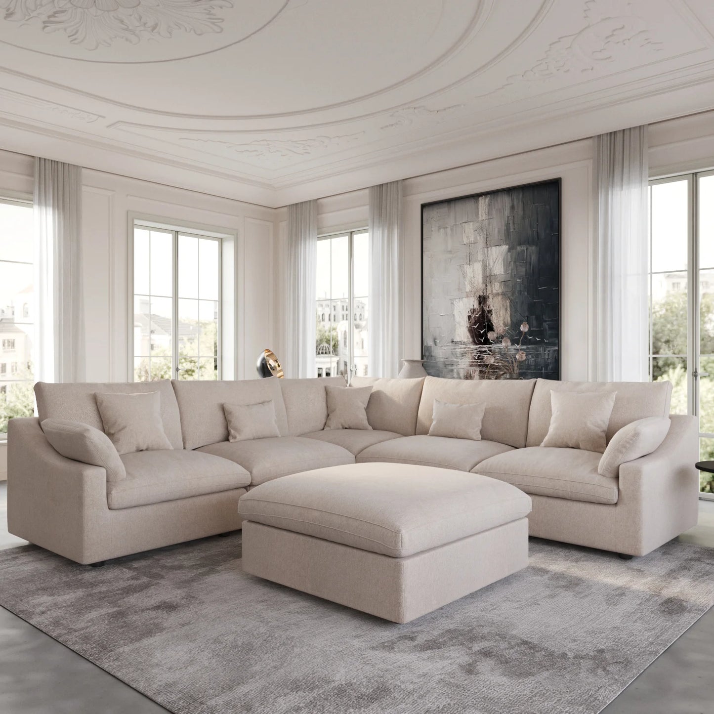 Deluxe Slope Cloud Sectional Sofas | 6-Piece Linen Khaki Sofa Sets 5-Seater With 1 Ottoman