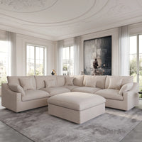 Deluxe Slope Cloud Sectional Sofas | 6-Piece Linen Khaki Sofa Sets 5-Seater With 1 Ottoman