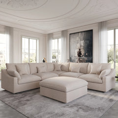 Deluxe Slope Cloud Sectional Sofas | 6-Piece Linen Khaki Sofa Sets 5-Seater With 1 Ottoman