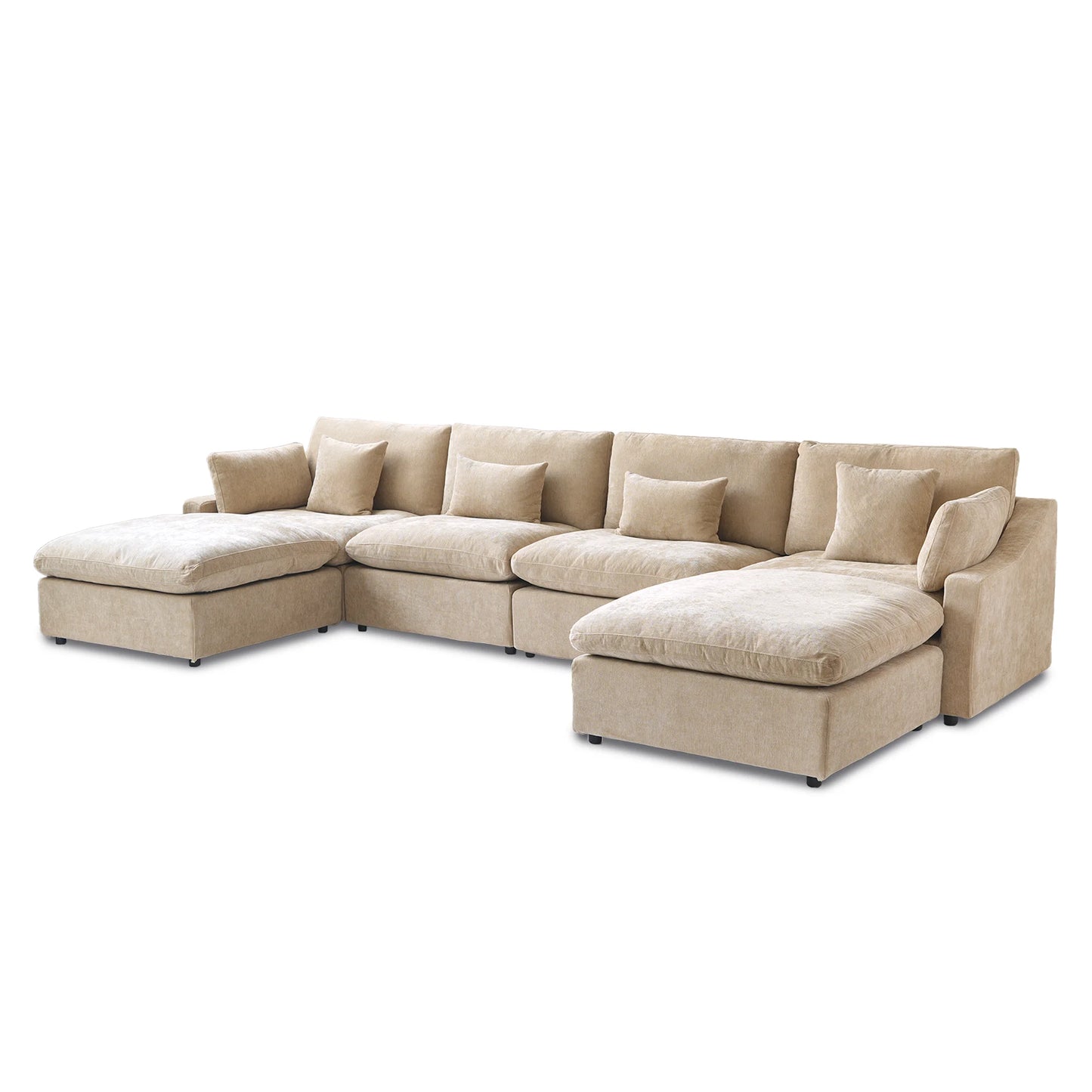 Deluxe Slope Cloud Sectional Sofas | 6-Piece Linen Khaki U-Shaped Sectionals 4-Seater With 2 Ottomans
