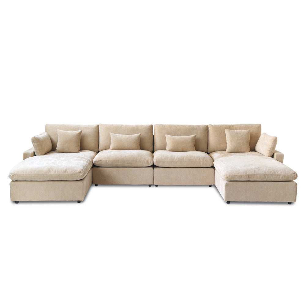 Deluxe Slope Cloud Sectional Sofas | 6-Piece Linen Khaki U-Shaped Sectionals 4-Seater With 2 Ottomans