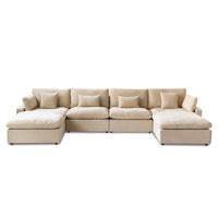 Deluxe Slope Cloud Sectional Sofas | 6-Piece Linen Khaki U-Shaped Sectionals 4-Seater With 2 Ottomans