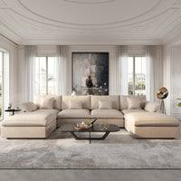 Deluxe Slope Cloud Sectional Sofas | 6-Piece Linen Khaki U-Shaped Sectionals 4-Seater With 2 Ottomans