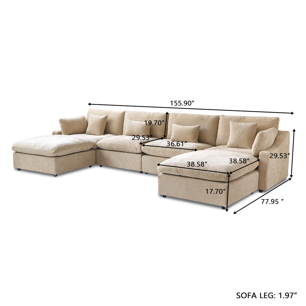 Deluxe Slope Cloud Sectional Sofas | 6-Piece Linen Khaki U-Shaped Sectionals 4-Seater With 2 Ottomans