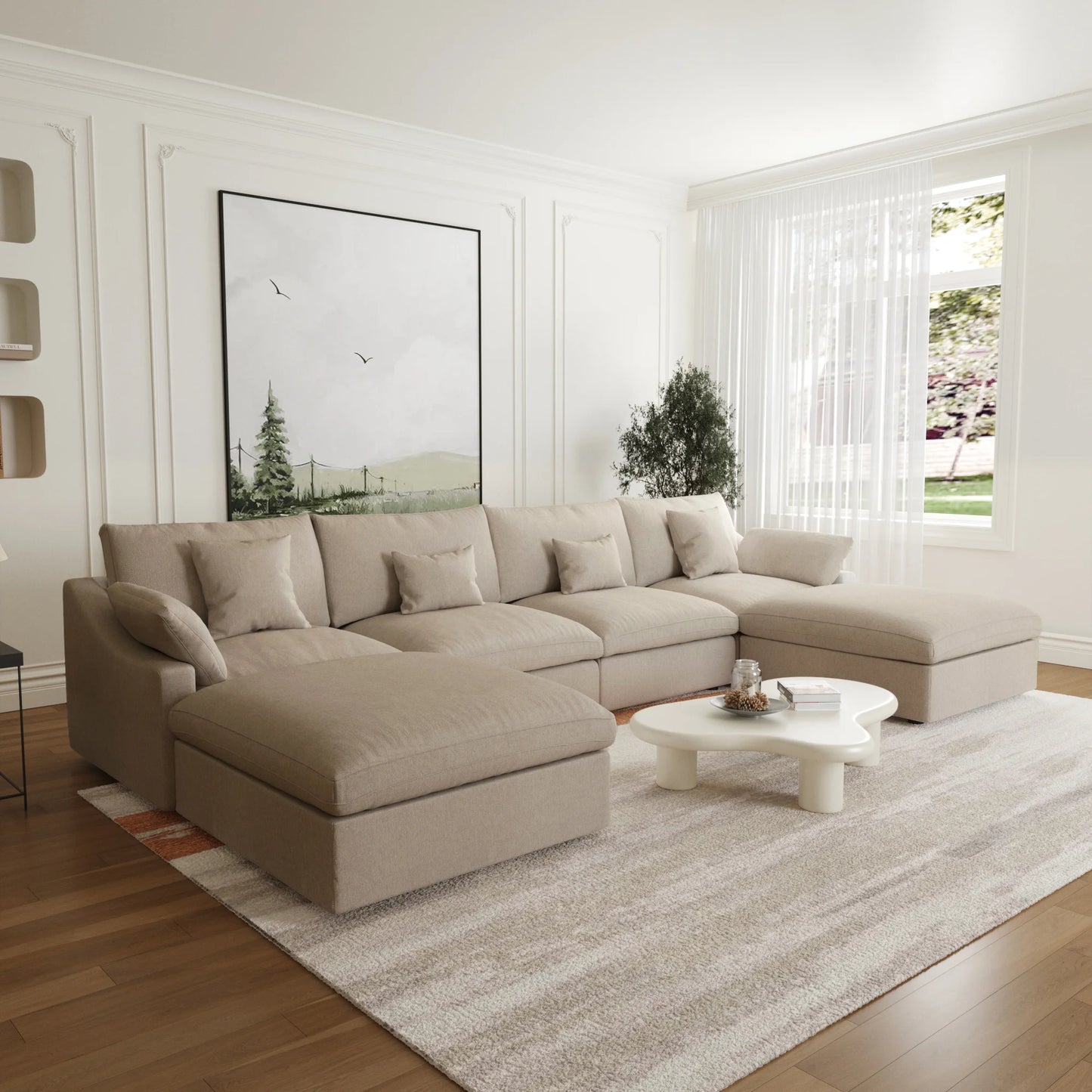 Deluxe Slope Cloud Sectional Sofas | 6-Piece Linen Khaki U-Shaped Sectionals 4-Seater With 2 Ottomans