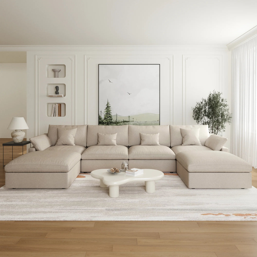 Deluxe Slope Cloud Sectional Sofas | 6-Piece Linen Khaki U-Shaped Sectionals 4-Seater With 2 Ottomans