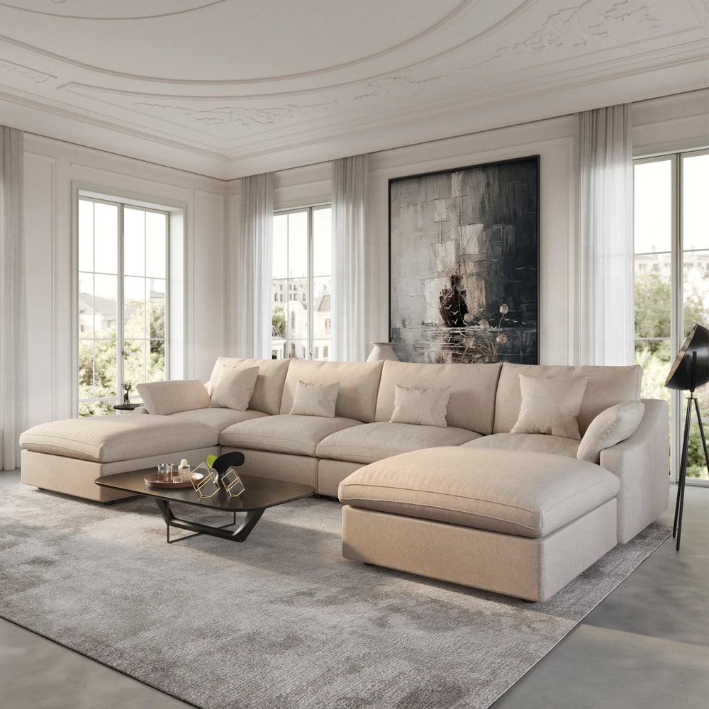 Deluxe Slope Cloud Sectional Sofas | 6-Piece Linen Khaki U-Shaped Sectionals 4-Seater With 2 Ottomans