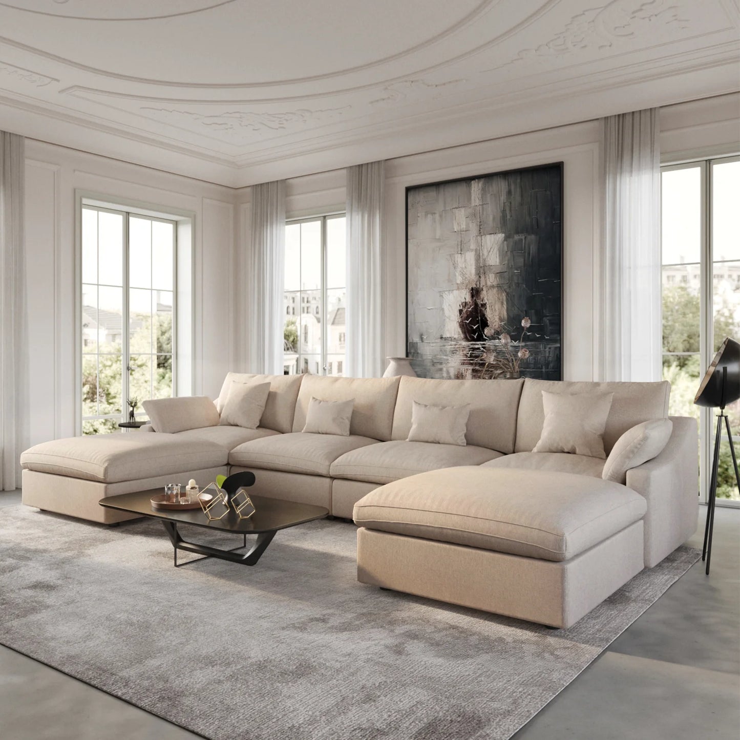 Deluxe Slope Cloud Sectional Sofas | 6-Piece Linen Khaki U-Shaped Sectionals 4-Seater With 2 Ottomans