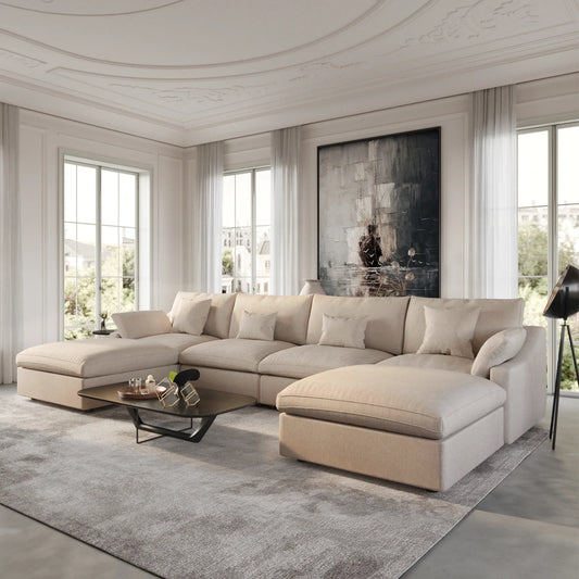 Deluxe Slope Cloud Sectional Sofas | 6-Piece Linen Khaki U-Shaped Sectionals 4-Seater With 2 Ottomans